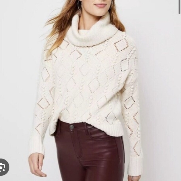 LOFT Bobbie Sweater L Ivory Diamond Knit Cowl Neck Cozy Fall Winter Pullover - Picture 1 of 9
